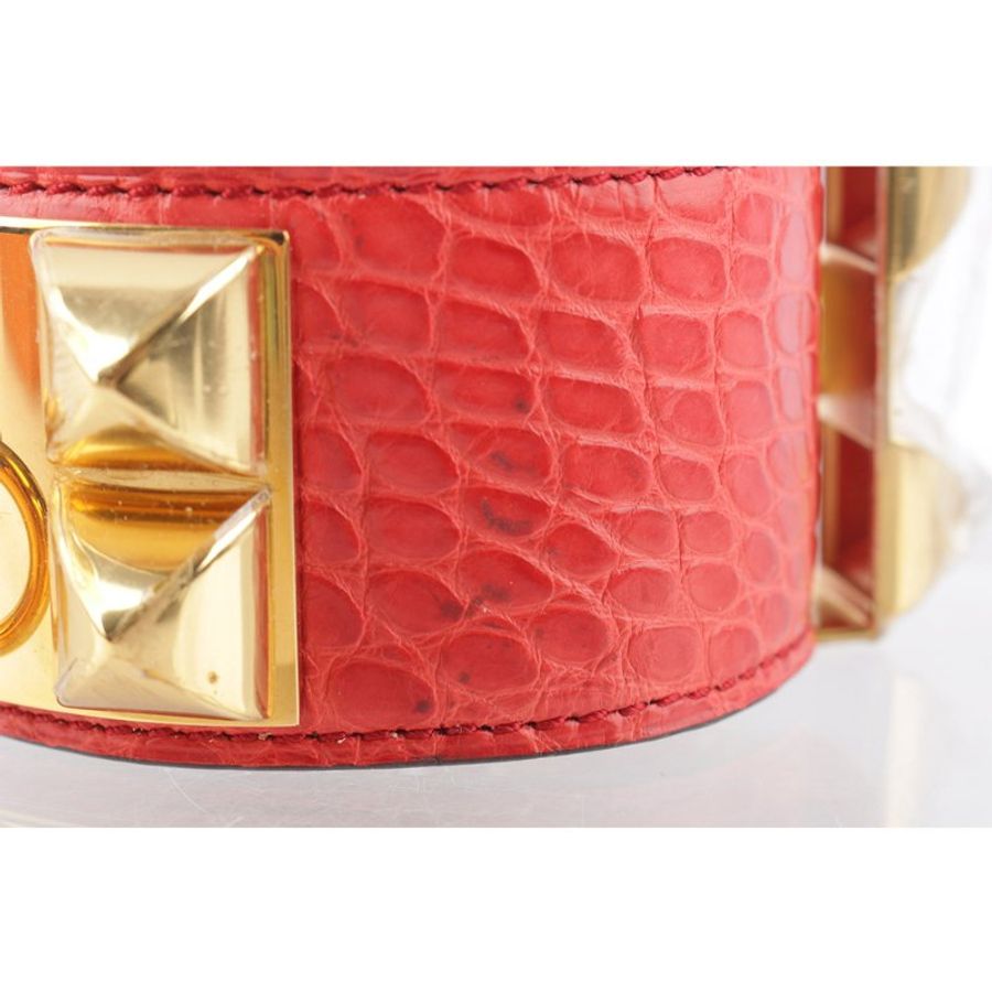 HERMES 鱷魚皮 鉚釘金釦CDC手環 (S)(粉橘色)-6