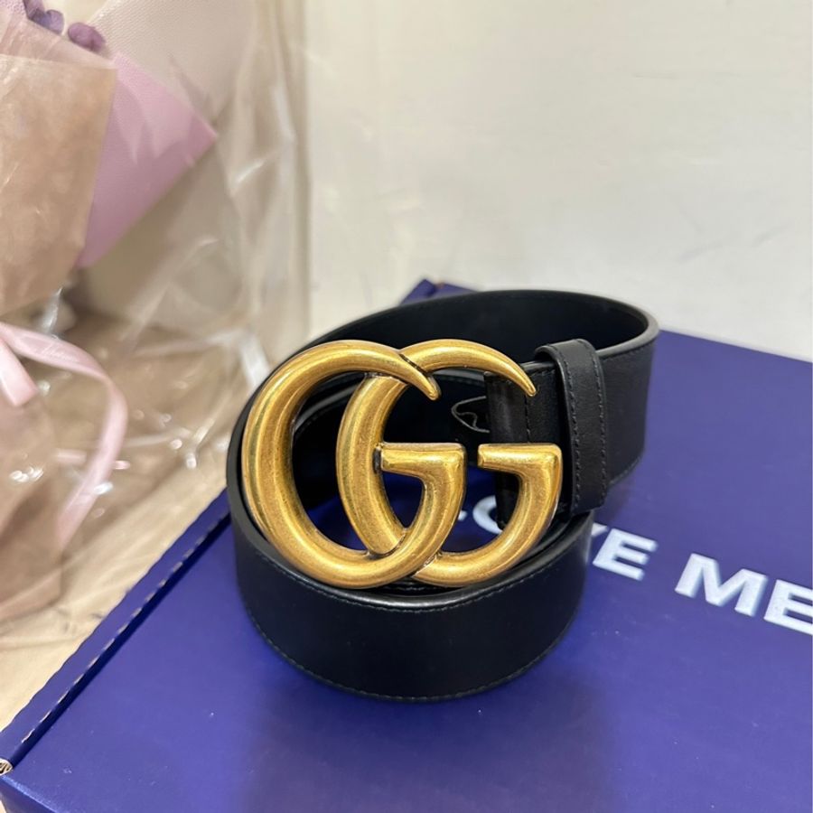Gucci 經典仿舊金色金屬雙G LOGO釦式腰帶/皮帶-1