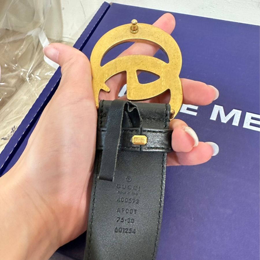 Gucci 經典仿舊金色金屬雙G LOGO釦式腰帶/皮帶-4