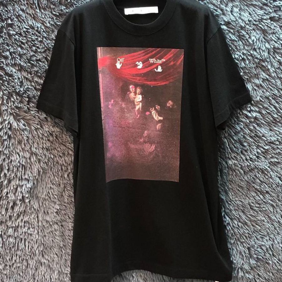 Off White 中性款圓領卡拉瓦喬油畫圖騰短袖上衣 黑 XS/S (購買請訊息告知尺寸)-4