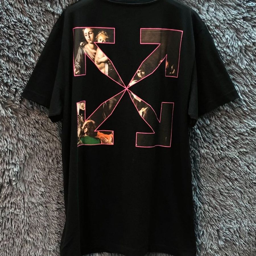 Off White 中性款圓領卡拉瓦喬油畫圖騰短袖上衣 黑 XS/S (購買請訊息告知尺寸)-5