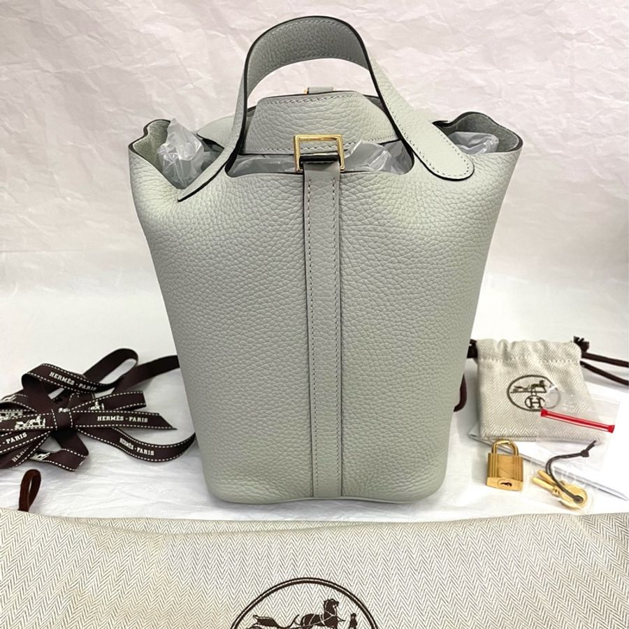 Hermès愛馬仕 Picotin Lock 18CM TC 牛皮水桶包 菜籃子 0W水晶灰/金釦/小號/u刻-10