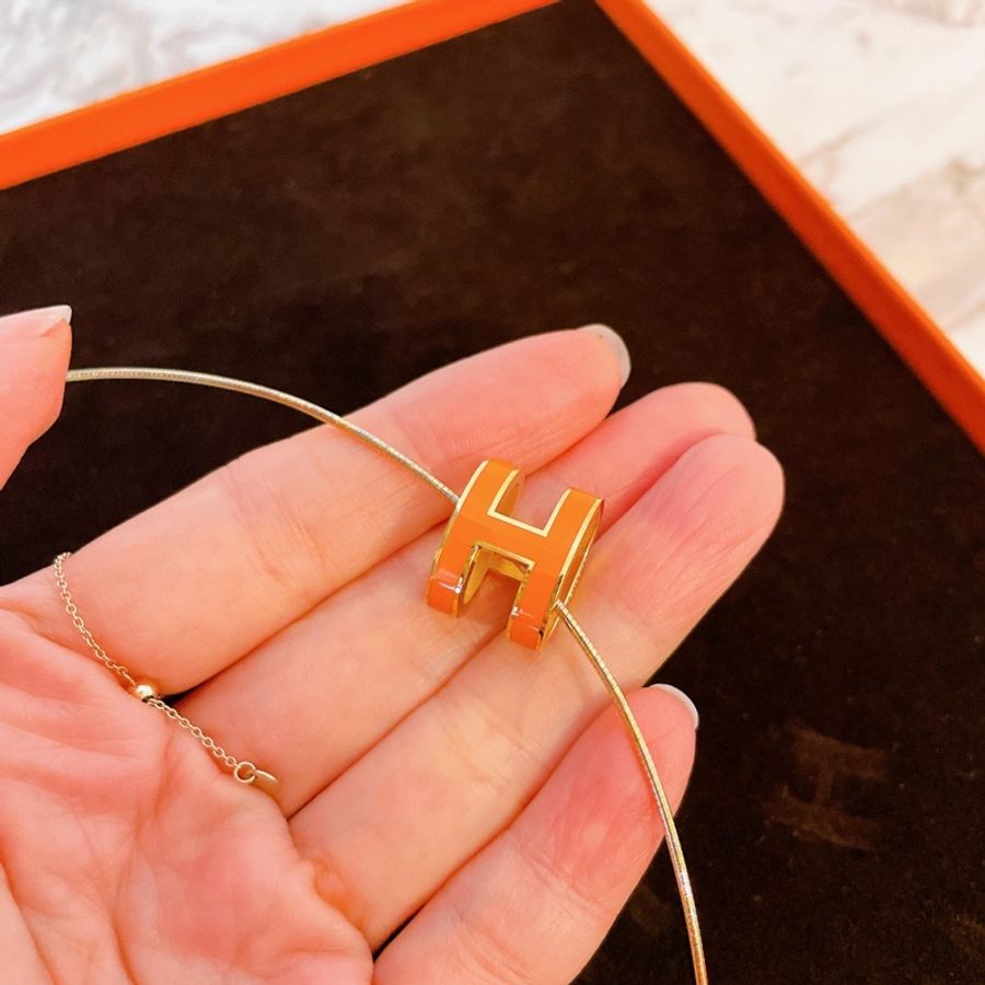近全新附發票正品✨ Hermes愛馬仕立體雙面橢圓POP H橘色配金絲綢橘orange最美的愛馬仕橘金 soie琺瑯項鍊-0