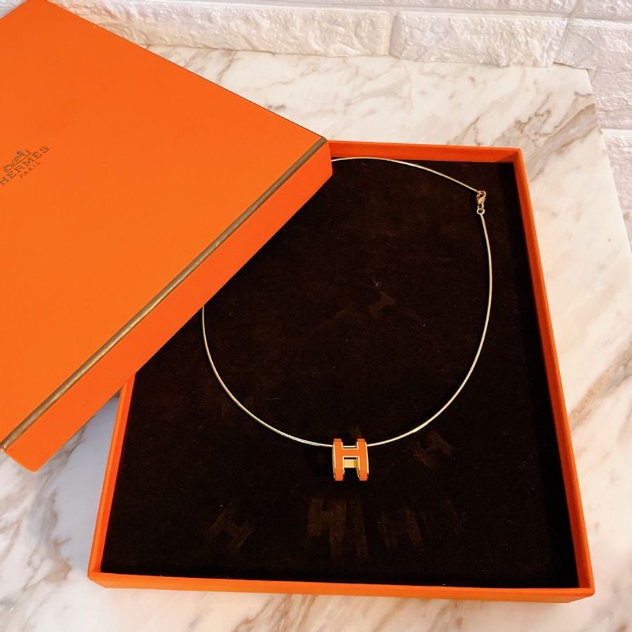 近全新附發票正品✨ Hermes愛馬仕立體雙面橢圓POP H橘色配金絲綢橘orange最美的愛馬仕橘金 soie琺瑯項鍊-7