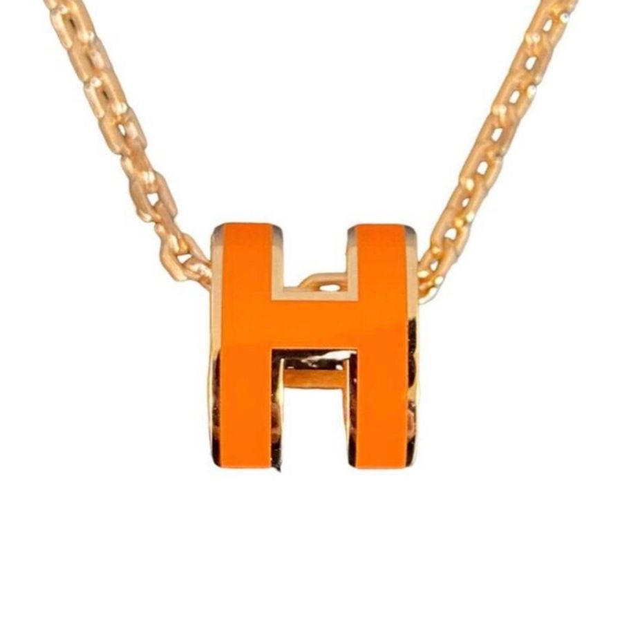 近全新附發票正品✨ Hermes愛馬仕立體雙面橢圓POP H橘色配金絲綢橘orange最美的愛馬仕橘金 soie琺瑯項鍊-11