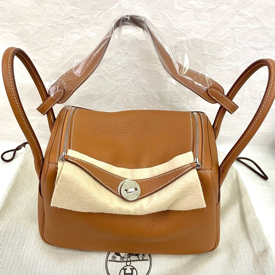 Hermès愛馬仕 Lindy 26CM TC 牛皮轉釦手提/肩背兩用包 金棕gold/銀扣/u刻-10