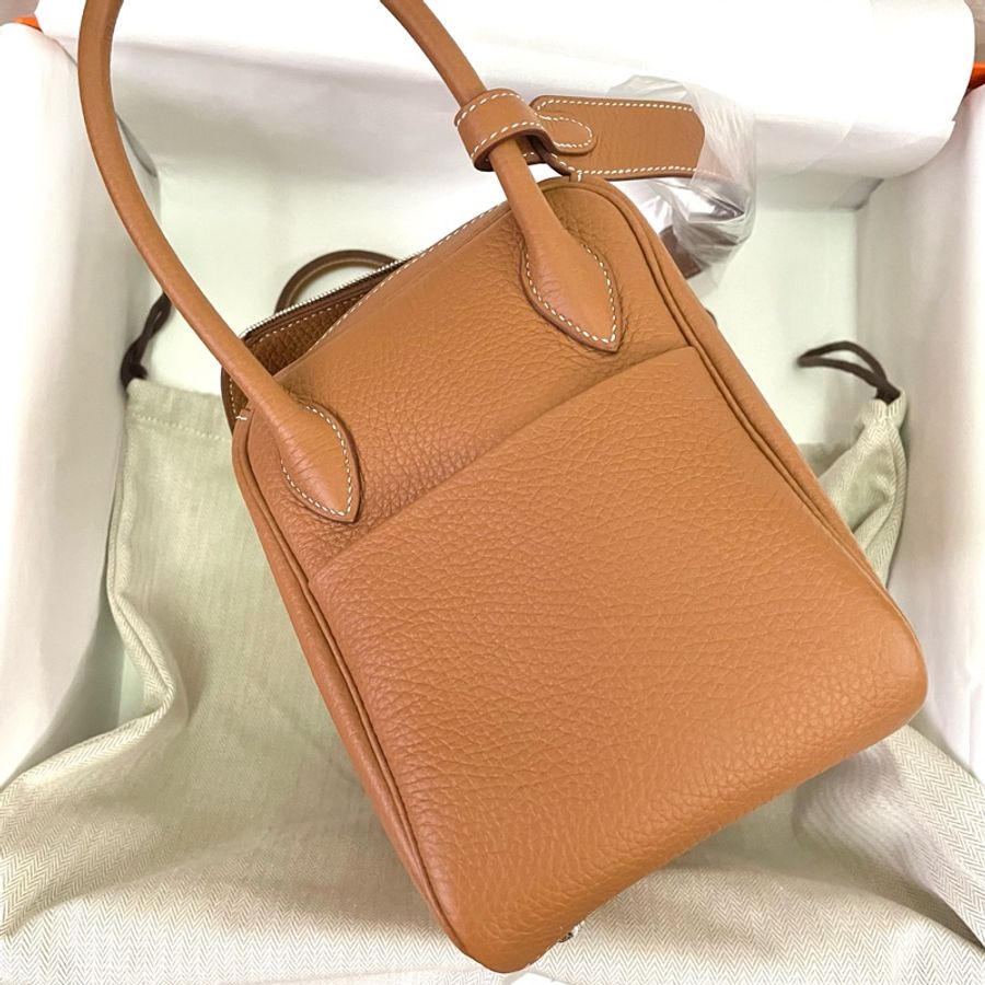 Hermès愛馬仕 Lindy 26CM TC 牛皮轉釦手提/肩背兩用包 金棕gold/銀扣/u刻-12