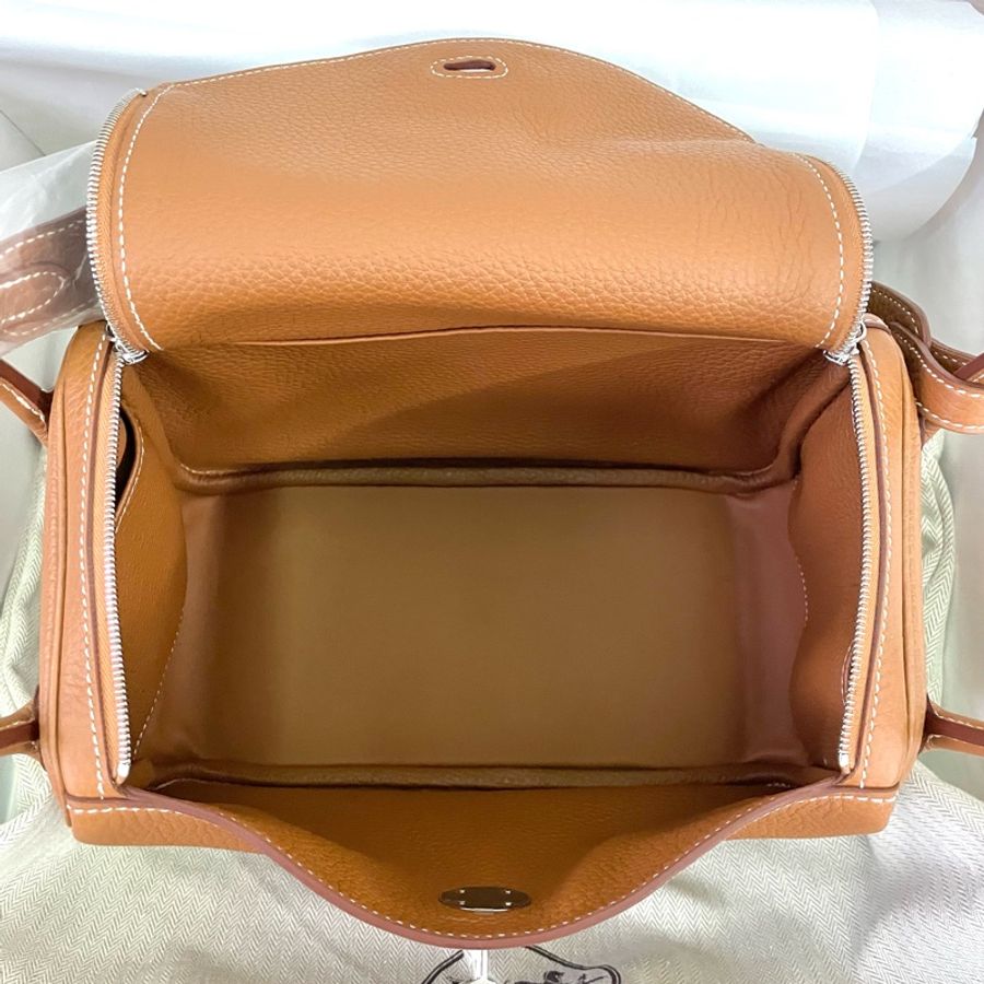 Hermès愛馬仕 Lindy 26CM TC 牛皮轉釦手提/肩背兩用包 金棕gold/銀扣/u刻-14