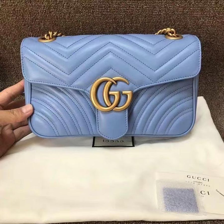 「預購」Gucci GG Marmont 經典馬夢26cm雙G天藍色斜背包 古銅金 單肩/側背-0
