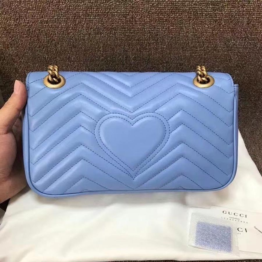 「預購」Gucci GG Marmont 經典馬夢26cm雙G天藍色斜背包 古銅金 單肩/側背-1