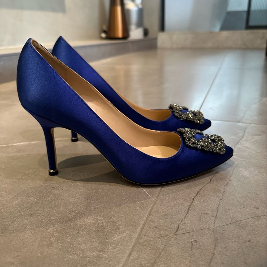Manolo Blahnik blue Hangisi 70 silk satin leather pumps慾望城市-8