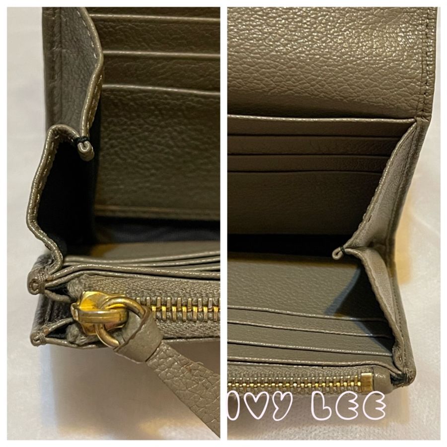 BALENCIAGA 卡其灰綠 金色框 小羊皮翻蓋長夾 錢包 二手精品-21