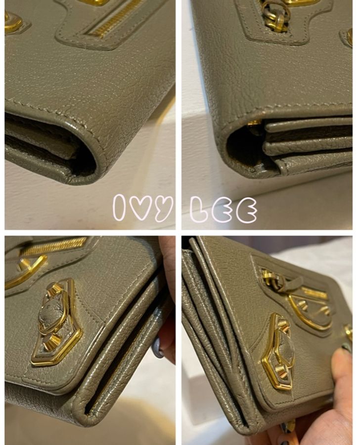 BALENCIAGA 卡其灰綠 金色框 小羊皮翻蓋長夾 錢包 二手精品-23