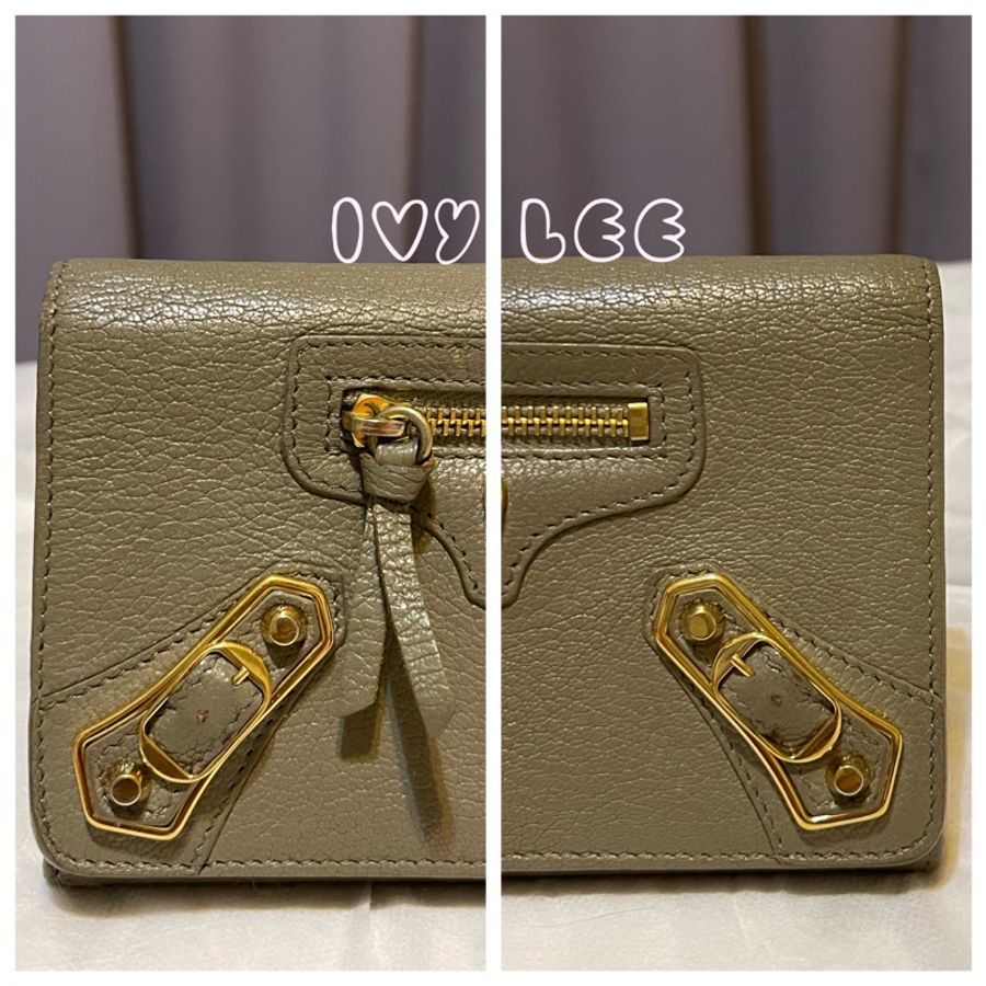 BALENCIAGA 卡其灰綠 金色框 小羊皮翻蓋長夾 錢包 二手精品-25