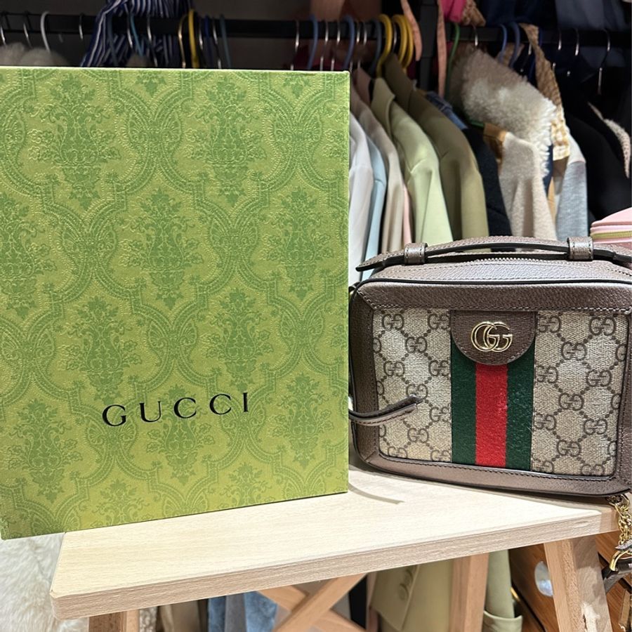 【GUCCI 古馳】經典Ophidia系列帆布印花皮革飾邊拉鍊手提/斜背包(迷你602576-K05NB-8745)-0