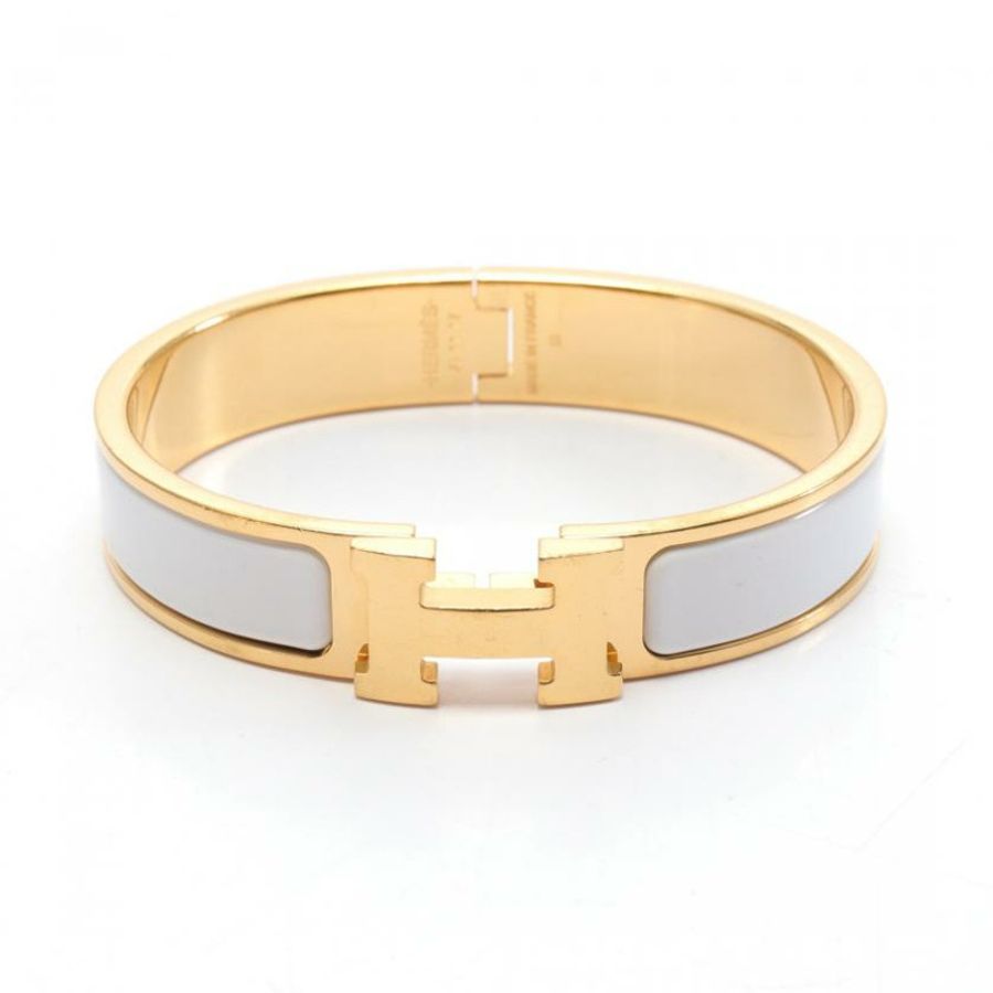 【日本直送】 中古HERMES[B]Clic H 手環 鍍金 釉面皮 金色 白色-0