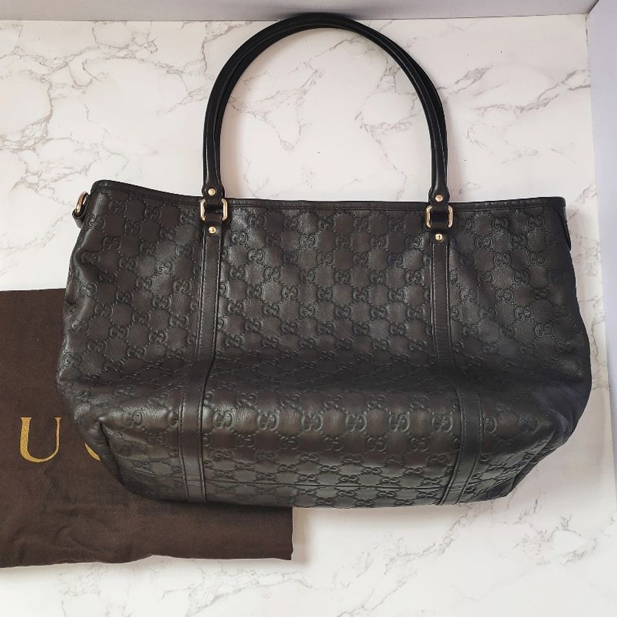 (已售出)9成新正品gucci 經典雙G LOGO皮革壓紋橫式托特包.深咖-0