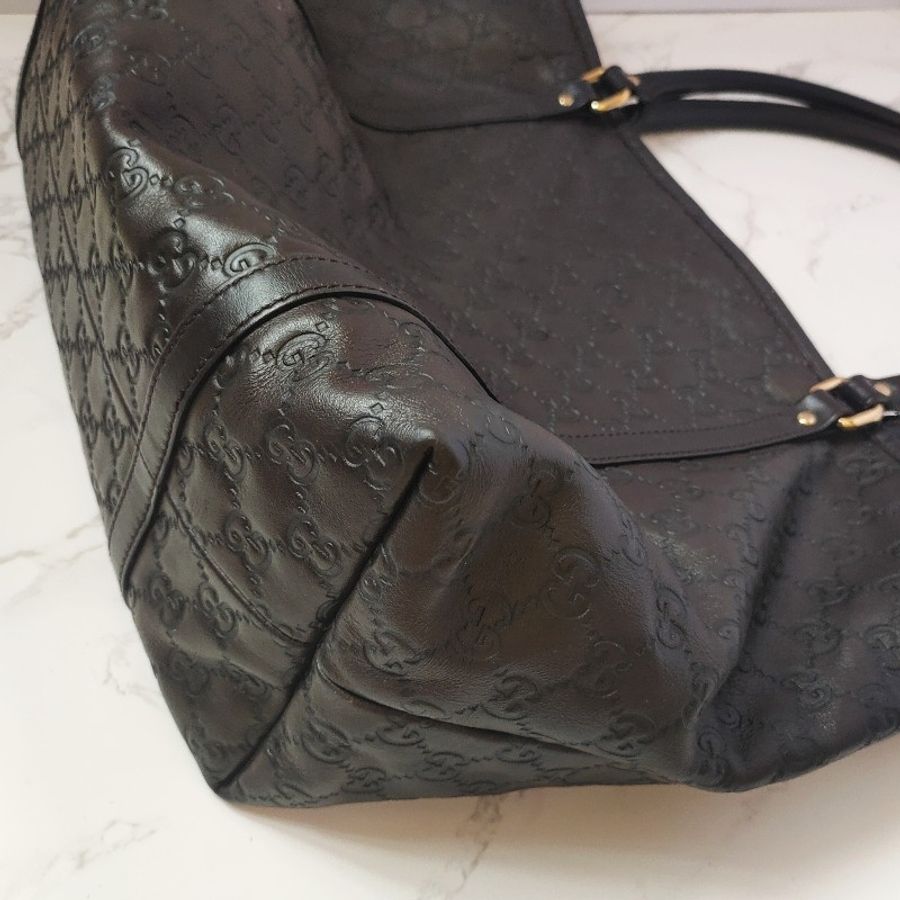 (已售出)9成新正品gucci 經典雙G LOGO皮革壓紋橫式托特包.深咖-12