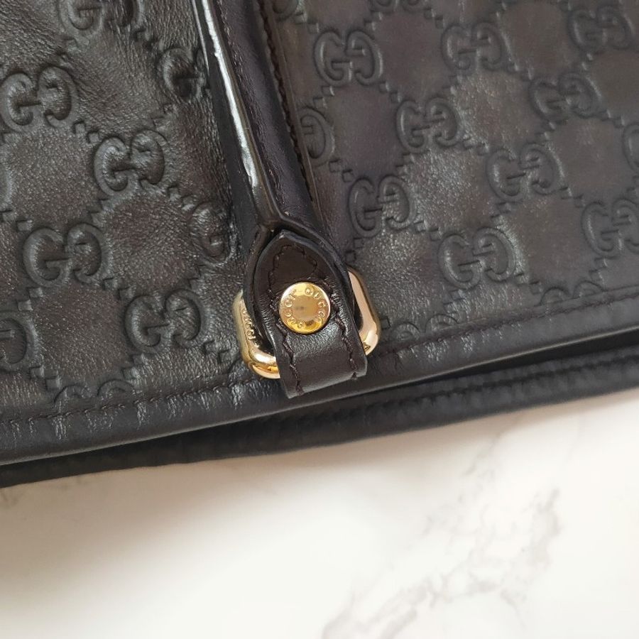 (已售出)9成新正品gucci 經典雙G LOGO皮革壓紋橫式托特包.深咖-15