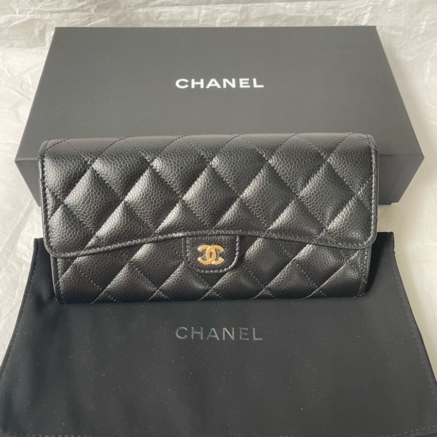 Chanel 香奈兒 CF系列經典雙C LOGO菱格紋荔枝小牛皮暗釦翻蓋長夾 黑色/金釦-8