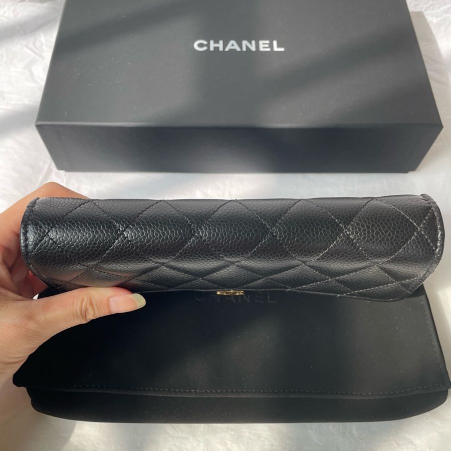 Chanel 香奈兒 CF系列經典雙C LOGO菱格紋荔枝小牛皮暗釦翻蓋長夾 黑色/金釦-9