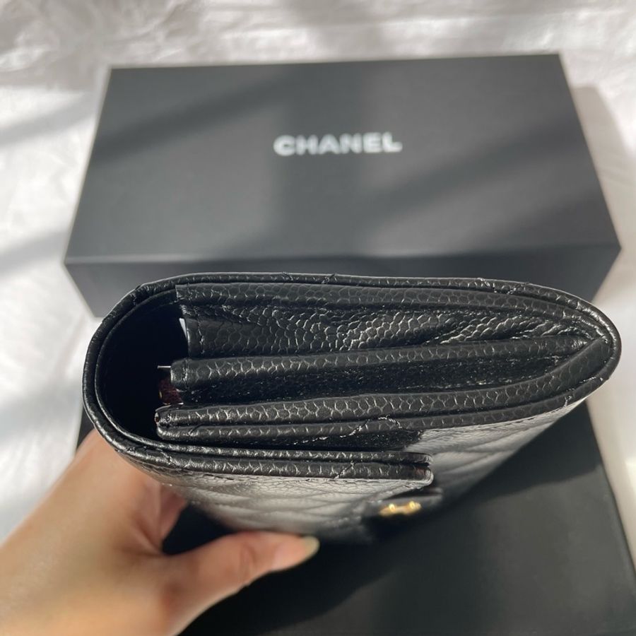 Chanel 香奈兒 CF系列經典雙C LOGO菱格紋荔枝小牛皮暗釦翻蓋長夾 黑色/金釦-10