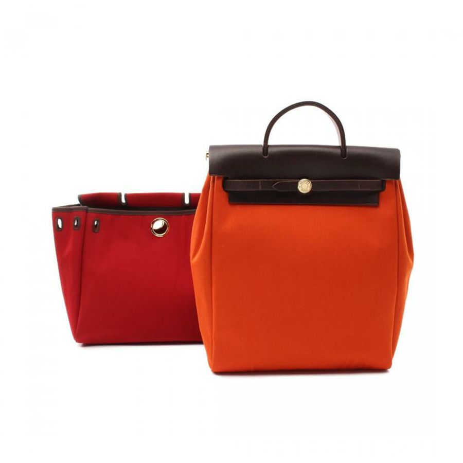 【日本直送】 中古HERMES[B]Herbag Ado PM  雙肩包Toile－H愛馬仕帆布 真皮 橙紅色 深棕色 金色五金 □H刻印-0