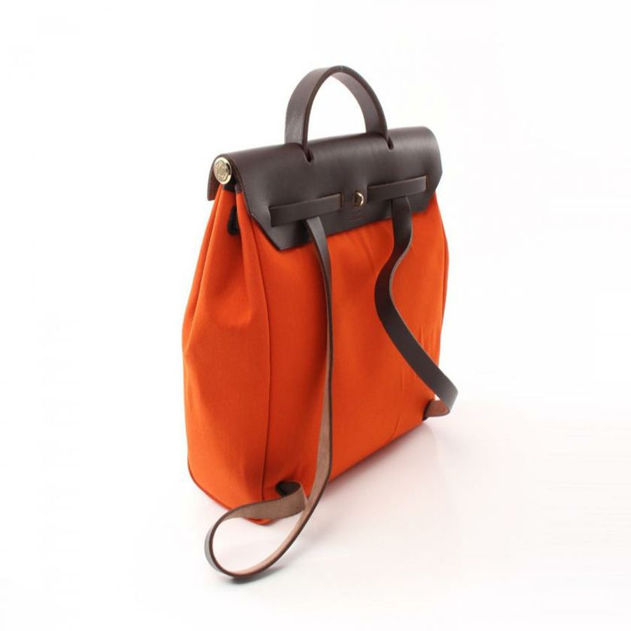 【日本直送】 中古HERMES[B]Herbag Ado PM  雙肩包Toile－H愛馬仕帆布 真皮 橙紅色 深棕色 金色五金 □H刻印-1