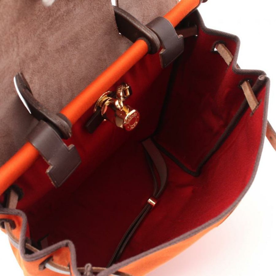【日本直送】 中古HERMES[B]Herbag Ado PM  雙肩包Toile－H愛馬仕帆布 真皮 橙紅色 深棕色 金色五金 □H刻印-2