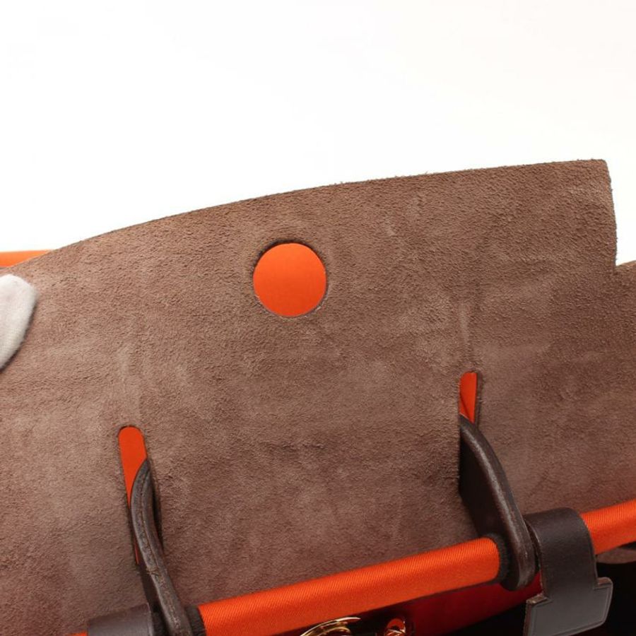 【日本直送】 中古HERMES[B]Herbag Ado PM  雙肩包Toile－H愛馬仕帆布 真皮 橙紅色 深棕色 金色五金 □H刻印-6