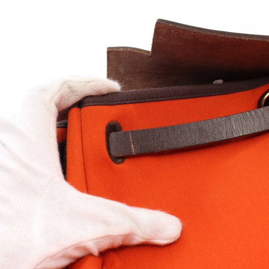 【日本直送】 中古HERMES[B]Herbag Ado PM  雙肩包Toile－H愛馬仕帆布 真皮 橙紅色 深棕色 金色五金 □H刻印-7