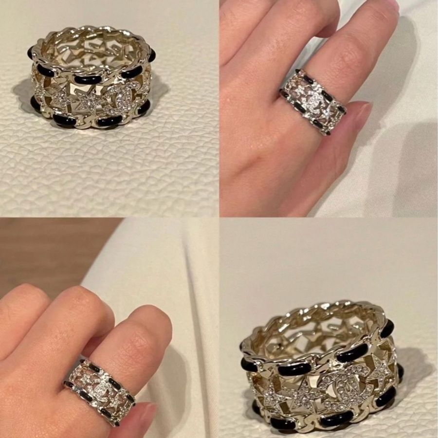 Chanel 香奈兒 經典雙C LOGO 星星元素琺瑯鏤空 戒指 金色/52碼-0