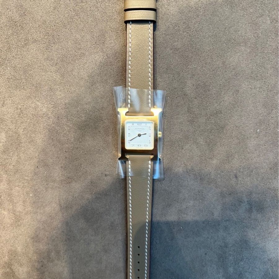 Hermès愛馬仕 Heure H Swift小牛皮石英女仕手錶腕錶 大象灰錶帶/21mm/金扣-1