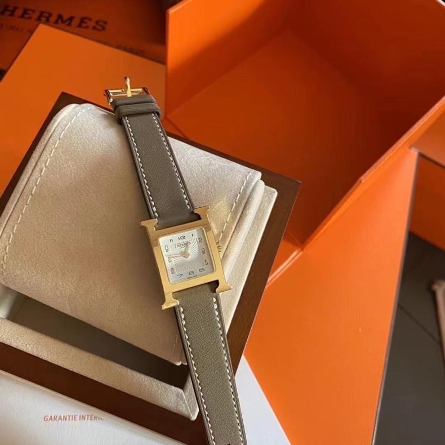Hermès愛馬仕 Heure H Swift小牛皮石英女仕手錶腕錶 大象灰錶帶/21mm/金扣-2