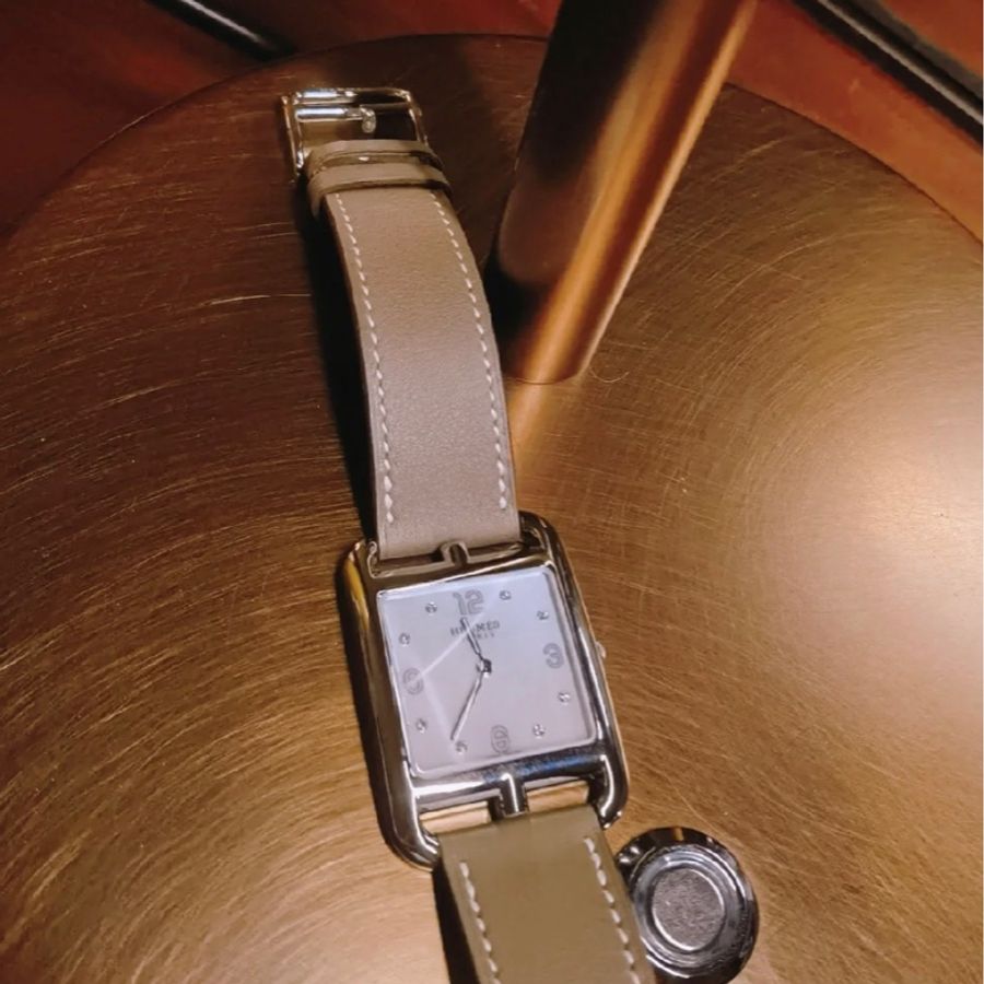 Hermès愛馬仕 Cape Cod Swift小牛皮簡約鋼框貝母鑽盤女仕手錶腕錶 大象灰/29mm/銀框-1