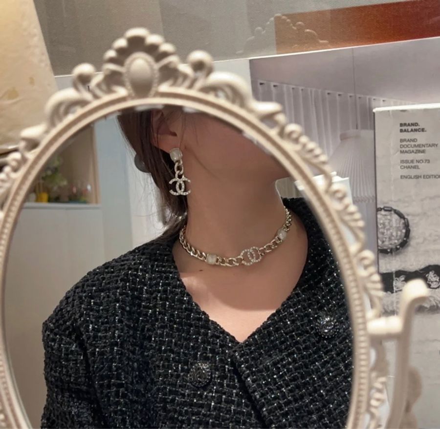Chanel 香奈兒 方型白水晶鏈條造型 垂墜水鑽雙C LOGO穿式耳環 香檳金-6