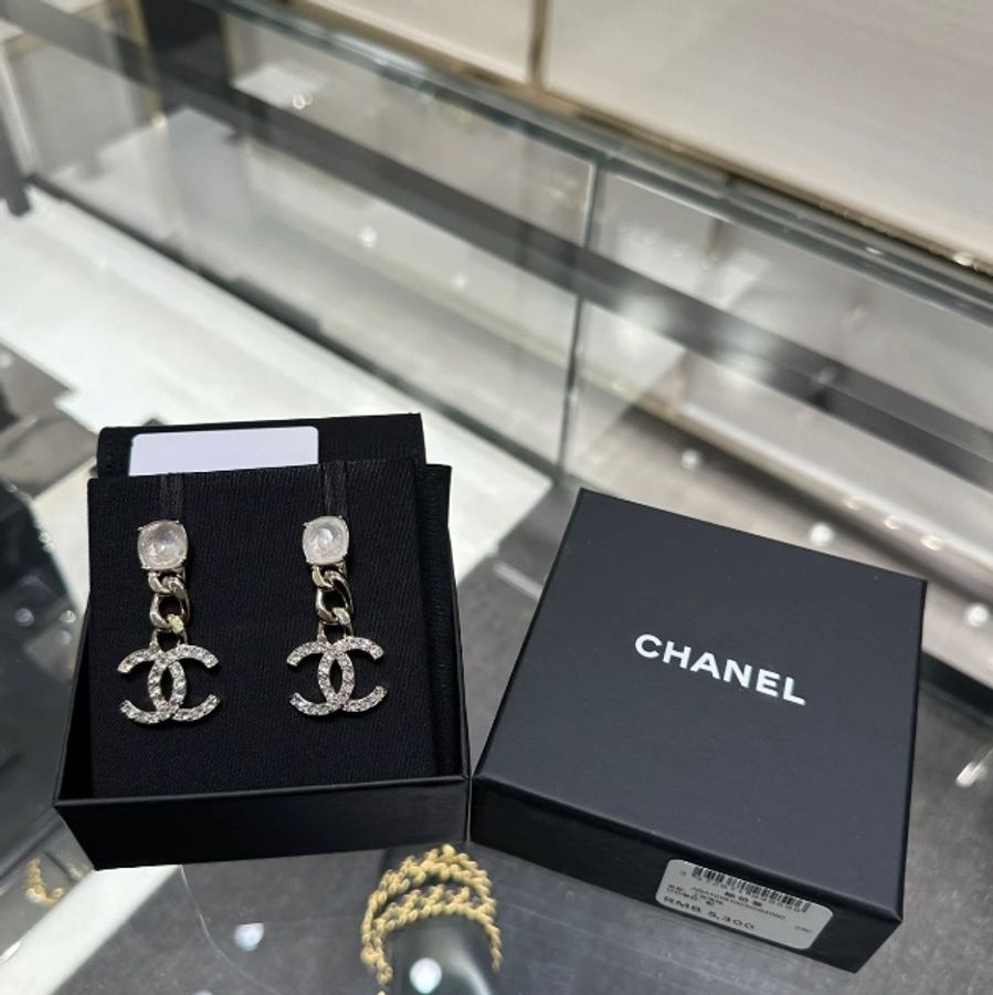 Chanel 香奈兒 方型白水晶鏈條造型 垂墜水鑽雙C LOGO穿式耳環 香檳金-7