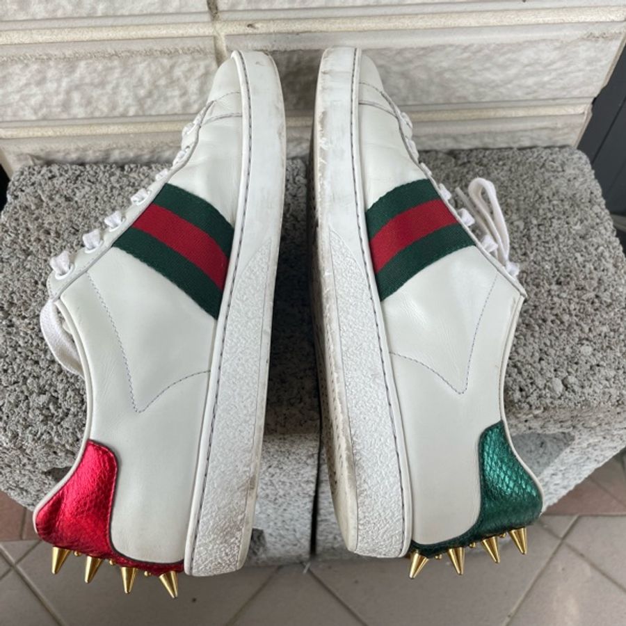 GUCCI Ace 鉚釘珍珠細節牛皮繫帶小白鞋37-7