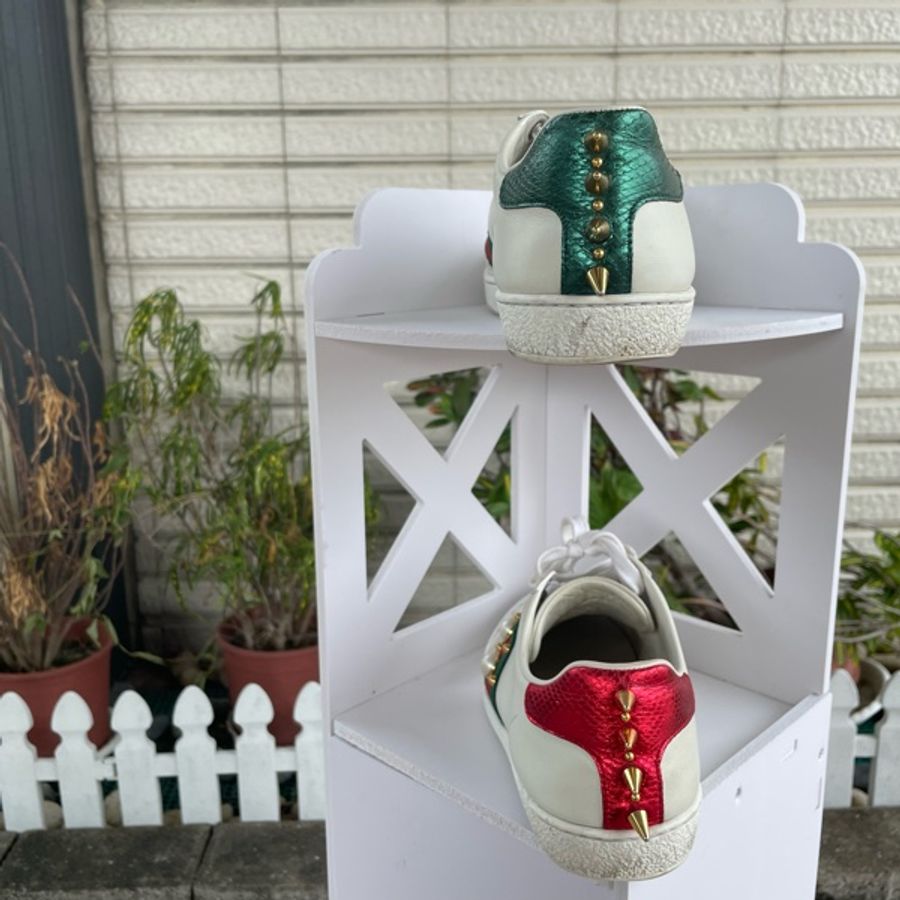 GUCCI Ace 鉚釘珍珠細節牛皮繫帶小白鞋37-8