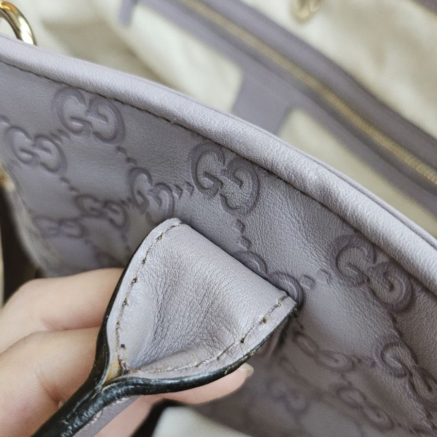 GUCCI 古馳 LOGO雙G壓紋 灰紫色牛皮壓紋托特包 可手提可肩背 愛心竹節馬銜吊飾 可當媽媽包 已絕版-44