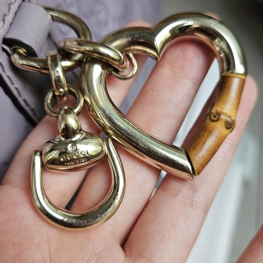GUCCI 古馳 LOGO雙G壓紋 灰紫色牛皮壓紋托特包 可手提可肩背 愛心竹節馬銜吊飾 可當媽媽包 已絕版-50