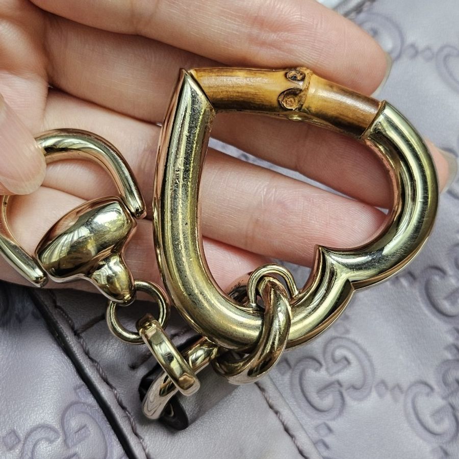 GUCCI 古馳 LOGO雙G壓紋 灰紫色牛皮壓紋托特包 可手提可肩背 愛心竹節馬銜吊飾 可當媽媽包 已絕版-51