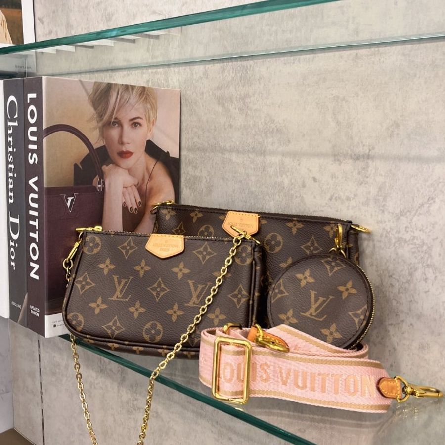 Louis Vuitton LV 老花字紋粉色背帶三合一 楊丞琳包 麻將金鍊包斜背包/肩背包-0