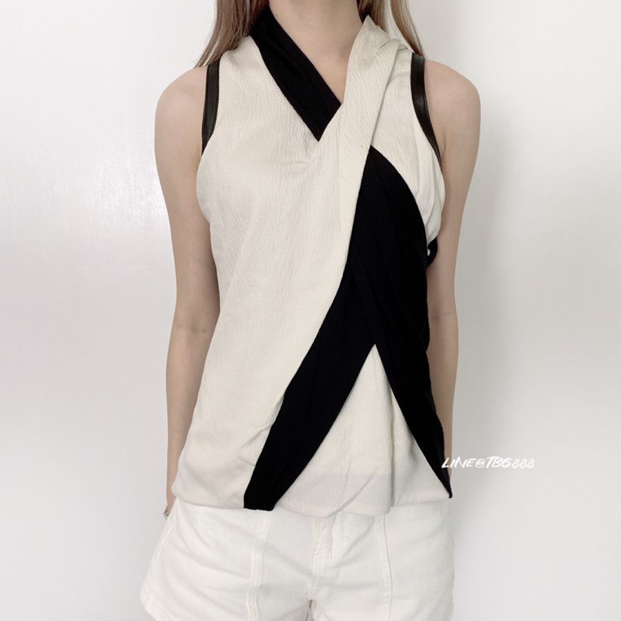 HELMUT LANG 黑白撞色拼接雙材質削肩上衣-0