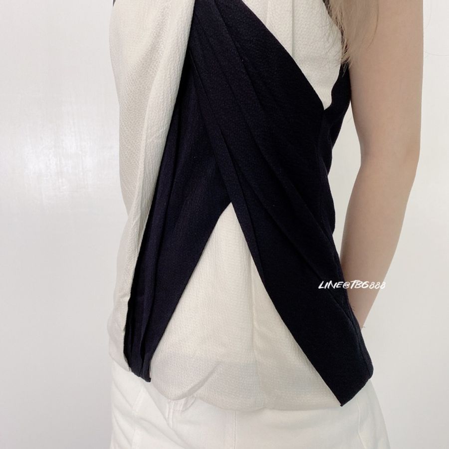 HELMUT LANG 黑白撞色拼接雙材質削肩上衣-1