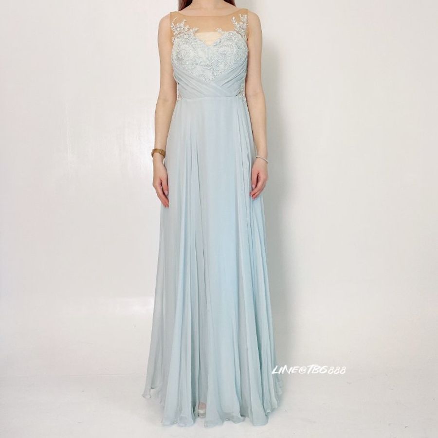 Marchesa Notte 刺繡水藍長洋裝-0