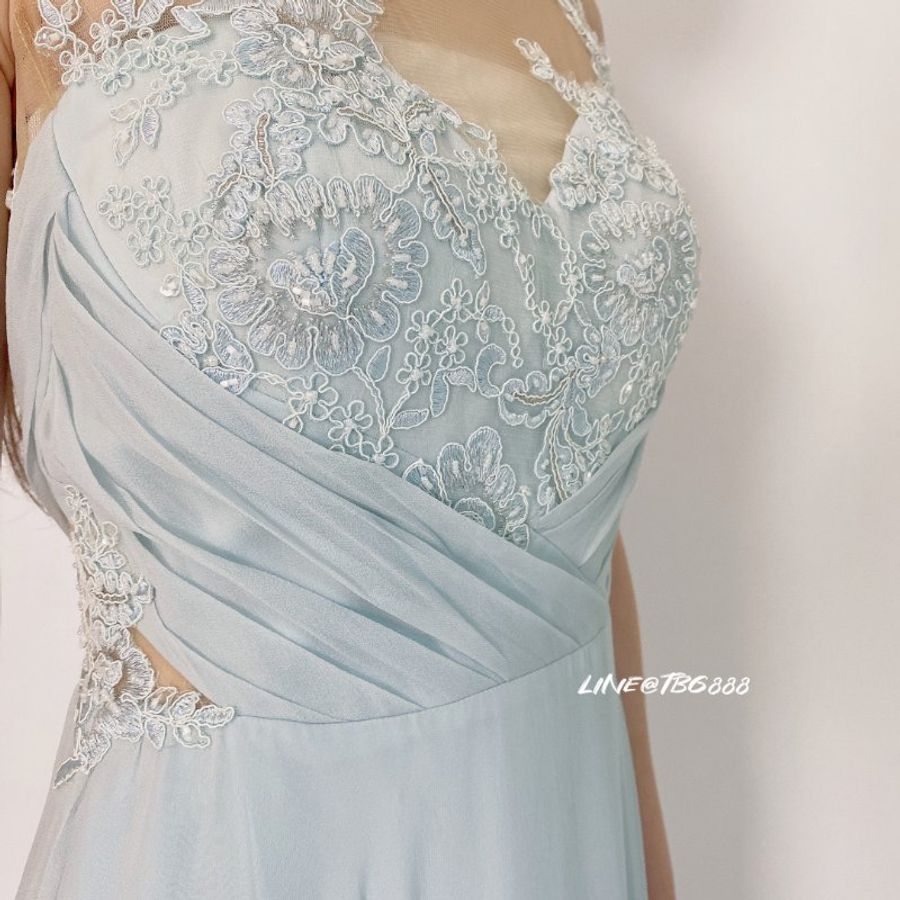 Marchesa Notte 刺繡水藍長洋裝-4
