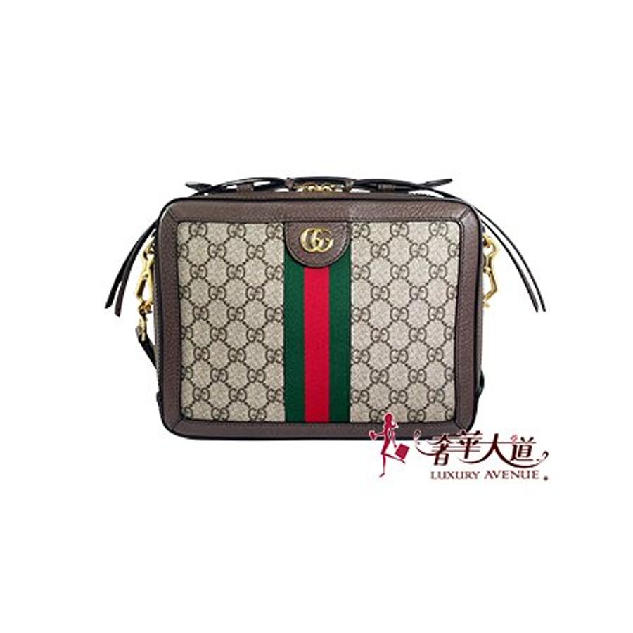 已售出*GUCCI 棕色PVC phidia系列帆布印花綠紅綠織帶 手提/斜背兩用包55062-0