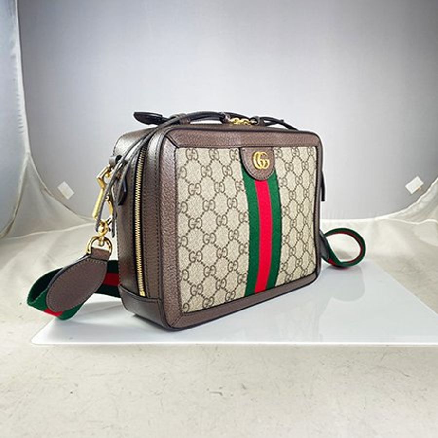 已售出*GUCCI 棕色PVC phidia系列帆布印花綠紅綠織帶 手提/斜背兩用包55062-1
