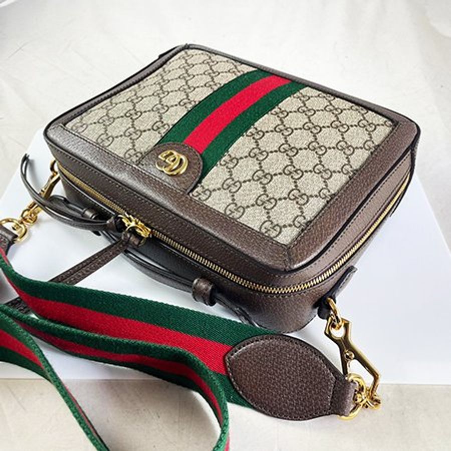 已售出*GUCCI 棕色PVC phidia系列帆布印花綠紅綠織帶 手提/斜背兩用包55062-2